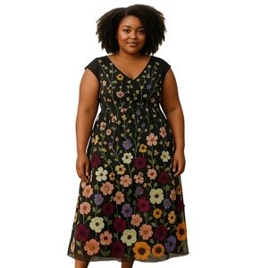 Chic Star Floral Applique Maxi Dress 1X Scoop Neck A Line Side Zipper Statement